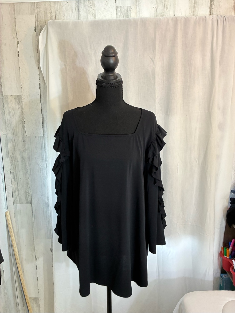 Ruby Rd. Black Square Neck Ruffle Sleeve Tunic